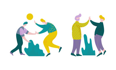 Man Character Giving High Five Interacting with Each Other Vector Set
