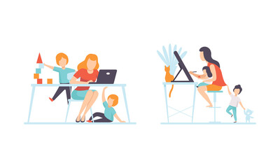 Fototapeta premium Woman Parent Working from Home and Nursing Children Combining Job and Family Duty Vector Set