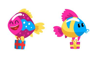 Funny Fish Character Floating with Gift Box Celebrating Holiday Vector Set