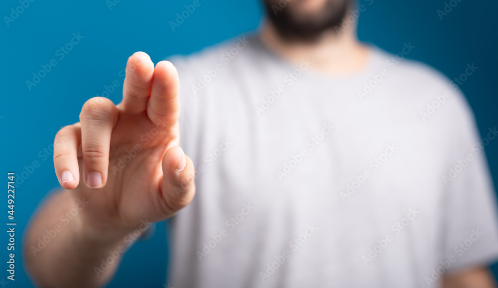 Poster businessman pointing or touching finger in screen..