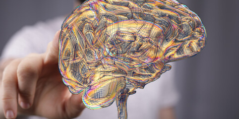 3D render of a holographic digital style human brain conveying the idea