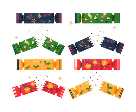 Set with colorful christmas crackers on white background. Concept of festive crackers full of colorful confetti. Christmas template for creative use. Flat cartoon illustration