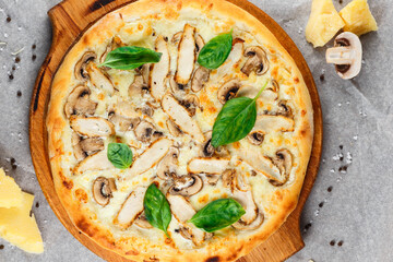 pizza with chicken and mushrooms and green basil close-up on a background of parchment and cheese