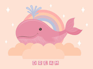 Cute whale baby on cloud. Kawaii character. Vector children illustration.