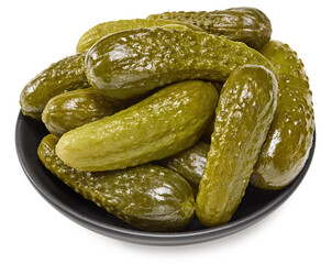 marinated pickled cucumbers in plate isolated on white background. top view with copy space. Clipping path and full depth of field