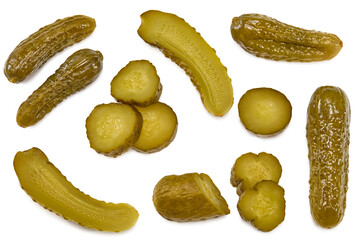 marinated pickled cucumbers with slices isolated on white background. Clipping path and full depth of field. Top view