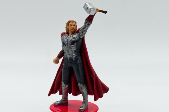 Bologna - Italy - July 26, 2021: The mighty Thor action figure isolated on white background. Comic books by Marvel.