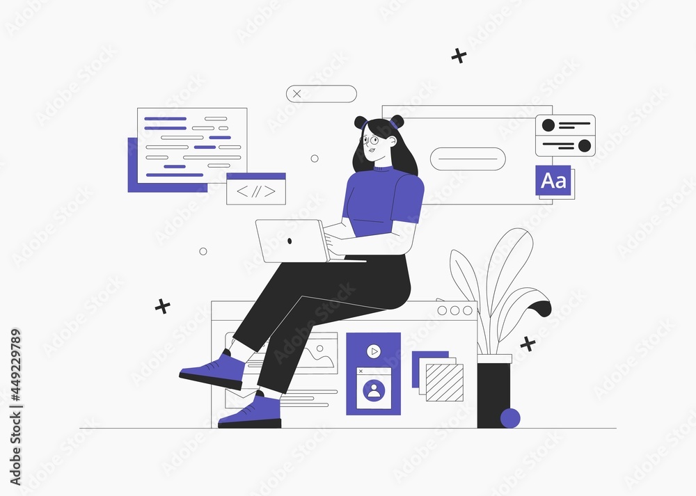 Wall mural business woman, smm manager, programmer, sit on infographic and work on laptop. freelancer working o