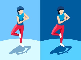 Yoga pose - woman standing on one leg. Balance yoga pose. 3d vector isometric illustration.