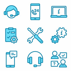 MobileHelp and support icons. Simple linear web icons, consists of support, phone assistant, online help, communication, info, customer service, video chat, etc. Vector illustration design.