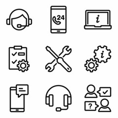 Help and support icons. Simple linear web icons, consists of support, phone assistant, online help, communication, info, customer service, video chat, etc. Vector illustration design.