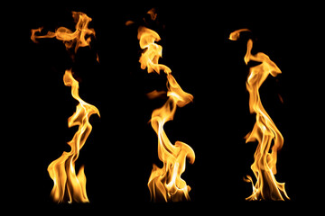 Three different types and shapes of flames isolated on black background.