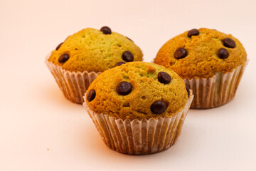 Pandan cupcakes with choco chip isolated on white background.