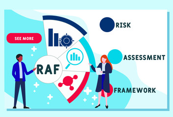 Vector website design template . RAF - Risk Assessment Framework acronym. business concept. illustration for website banner, marketing materials, business presentation, online advertising. - obrazy, fototapety, plakaty