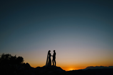 Silhouettes of the bride and groom stand on the mountain on the sunset