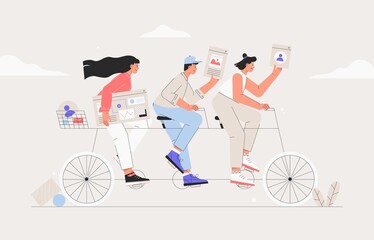 Business team riding tandem bicycle. Businessman and businesswoman characters on bike. Successful teamwork and leadership concept. Flat style vector illustration.
