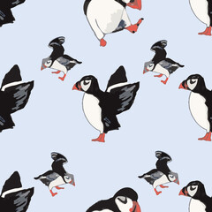Vector blue background ocean seabird, arctic birds, puffins. Seamless pattern background