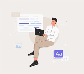 Man is working on ui ux design project. Programmer, sit on infographic and work on laptop. Freelancer working on web and application development on computers. Software developers.