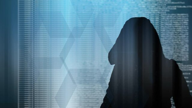 Hacker concept. Shot of a girl in a hoodie walking with some digital code running in background high quality footage 4k Apple ProRes.

