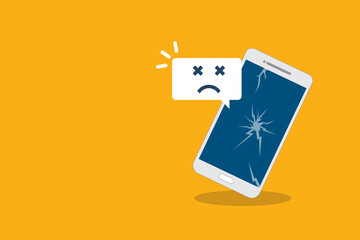 Broken smartphone with sad smile. Broken phone service, recovery and repair concept.	