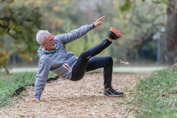 Senior older man exercising alone in the park