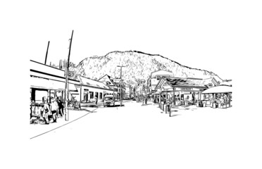 Building view with landmark of Interlaken is the 
town in Switzerland. Hand drawn sketch illustration in vector.