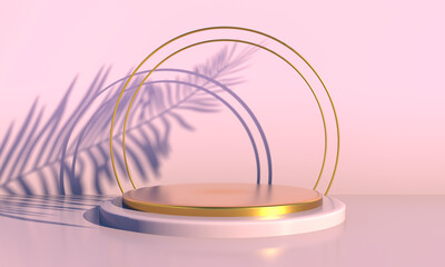 Podium with palm leaves on pastel background. Concept scene stage showcase for product, promotion, sale, banner, presentation, cosmetic. Minimal showcase empty mock up. 3d