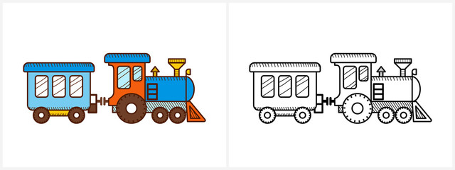 Train coloring page for kids. Locomotive side view - 449237537