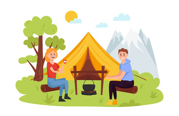 Fototapeta premium Tourists on summer vacation. Summer camp with couple, tent and campfire. A man and a woman are relaxing in nature in a tent camp. Vector illustration.