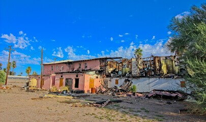 Fototapeta premium Rear of Apartment Building With Severe Fire Damage