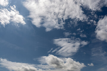 Summer Blue Sky and white cloud white background. Beautiful clear cloudy in sunlight calm season. 