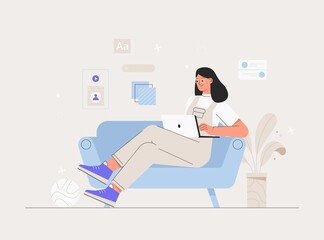 Woman character working with laptop at home. Freelancer working on web and application development on computers. Software developers. Flat style vector illustration.