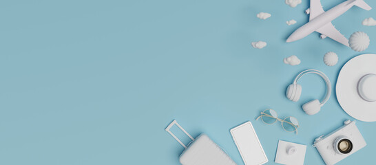 flat lay smartphone with Traveling suitcase and travel accessories on pastel color background. wanderlust and travel concept. 3d rendering.	