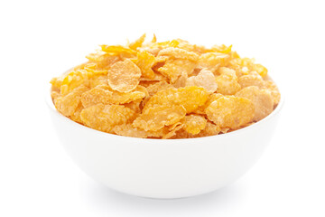 Close-Up of organic cereal corn flakes  in white ceramic bowl over white background