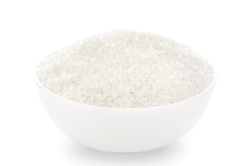 Fototapeta na wymiar Close-Up of white crystal of sugar (fructose-sucrose) in white ceramic bowl over white background