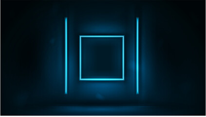 Neon blank square frame with line neon lamp in dark room on wall