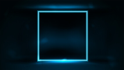 Neon square blue frame in dark room on dark blurred background
