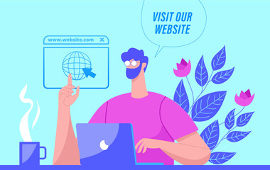 Visit our website illustration concept vector, man using laptop for visiting website