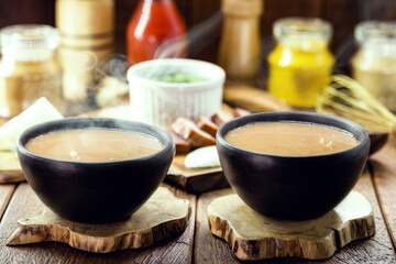 hot bean broth or soup, winter food with smoke and steam, ingredient around