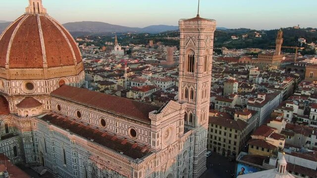 Florence Cathedral (Santa Maria del Fiore) during sunset flight (Tuscany, Italy)