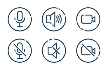 Speaker, Mic and Video Camera related icons. Basic icons for Video Conference. On and off. Set of templates for applications and websites. Flat line art collection isolated on a white background