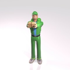 A courier in green clothes is holding a box. Parcel delivery. 3D render illustration