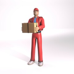 Courier in red clothes is holding a box. Parcel delivery. 3D render illustration