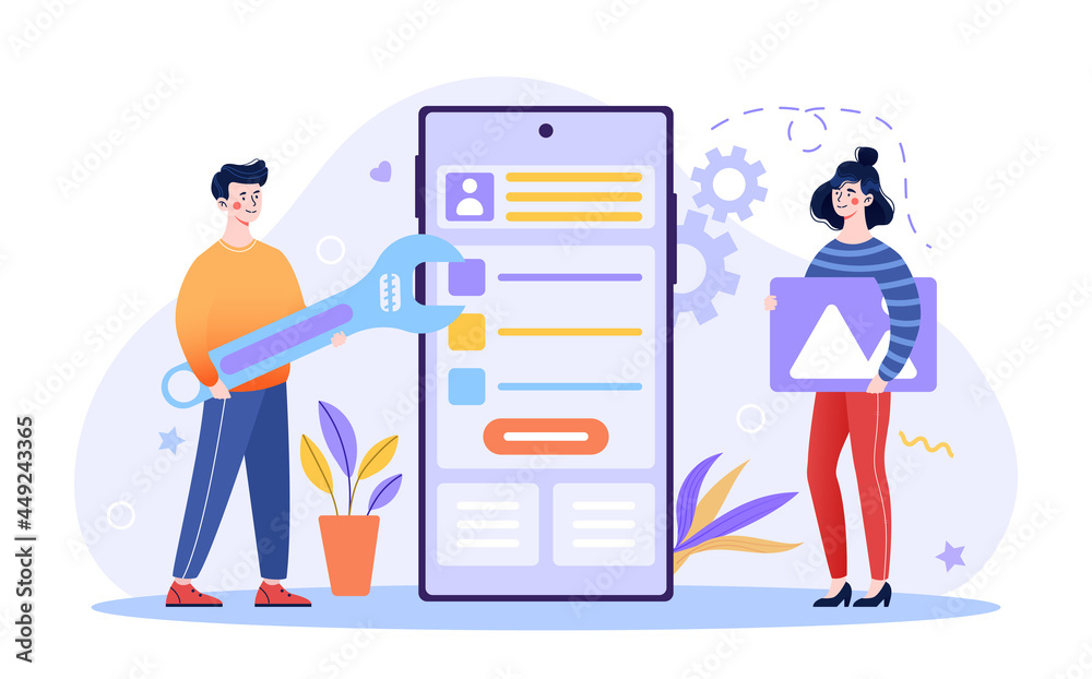 Wall mural ui or ux design concept. man and woman are developing design for application on large smartphone. be