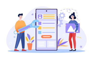UI or UX design concept. Man and woman are developing design for application on large smartphone. Beauty and ease of use. Cartoon colorful flat vector illustration isolated on white background