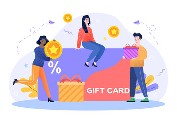 Customers getting gift card concept. Characters are happy and buy products with discount on gift card or coupon. Loyalty program. Cartoon flat vector illustration isolated on a white background