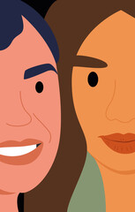 Halves of two female faces. Equality women's day or happy women's day. Sisterhood, friendship, equality. Vector illustration.