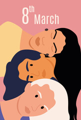 Three friends or sisters with long hair laid their heads on top of each other. Congratulations on March 8 or Women's Day. Greeting card with pink background, wallpaper, template. Vector illustration.