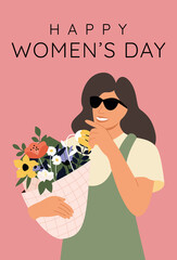 Greeting card with a woman in glasses who is holding a bouquet of flowers. Happy women's day. Greeting card, background, template, poster. Vector flat and vintage illustration.