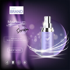 Purple Ads with essence Skin care  premium products on light background. Vector 3d illustration.